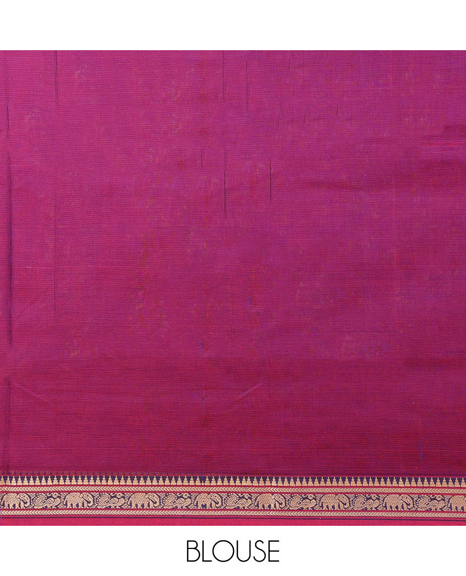 Magenta Plain Narayanpet Cotton Saree, Complemented by a Contrast Traditional Thread Border of Peacock and Elephant Designs, Vibrantly Striped Pallu, and Paired with a Matching Blouse
