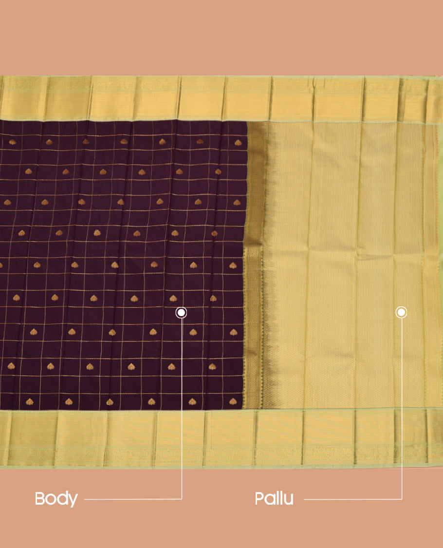 Dark Purple Budget Silk Saree, Embellished with Zari Butta Enclosed Checks All Over Its Body, Complemented by a Contrast Traditional Zari Border of Peacocks, Subtly Sparkled Pallu, and Paired with a Contrast Blouse