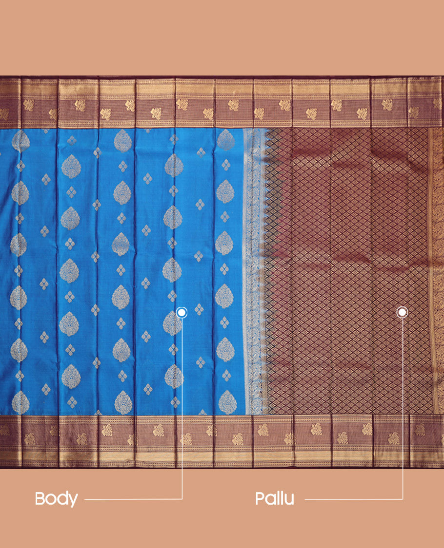 Blue Budget Silk Saree, Detailed with Zari Buttas, Complemented by a Contrast Traditional Zari Border, Grand Pallu, and a Contrast Blouse