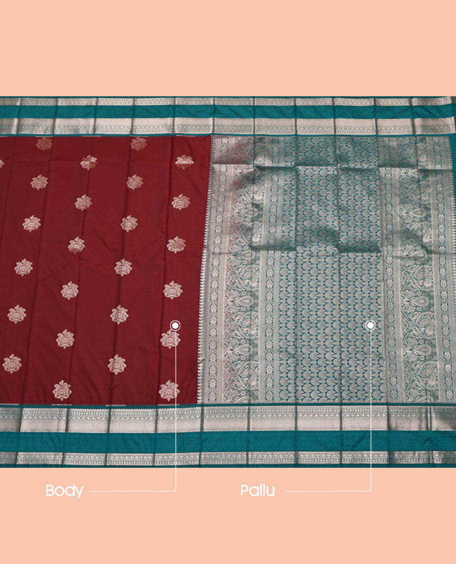 Maroon Budget Silk Saree, Featuring Zari Buttas All Over Its Body, Complemented by a Contrast Traditional Zari Design Rettai Pettu Border, Intricately Designed Pallu, and Paired with a Contrast Blouse