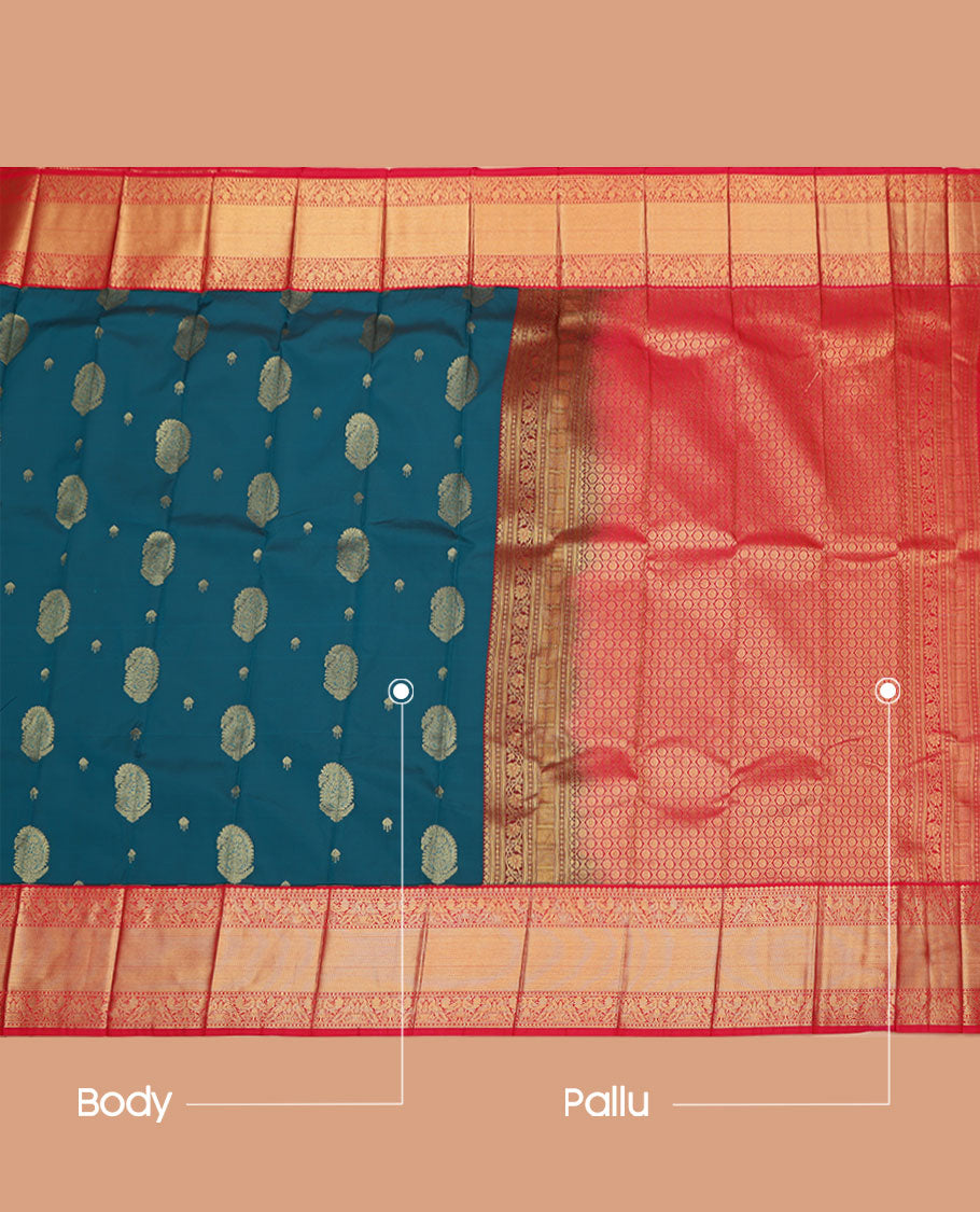 Blue Budget Silk Saree, Gleamed Up with Zari Buttas on Its Body, Complemented by a Contrast Traditional Zari Design Border, Grand Jaal Pallu, and Paired with a Contrast Blouse