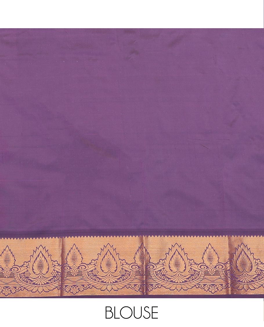 Purple Art Silk Pavadai Material Set, Prettified with Zari Jacquard Designs on Its Skirt, Complemented by a Contrast Traditional Zari Design Border, and Paired with a Contrast Blouse