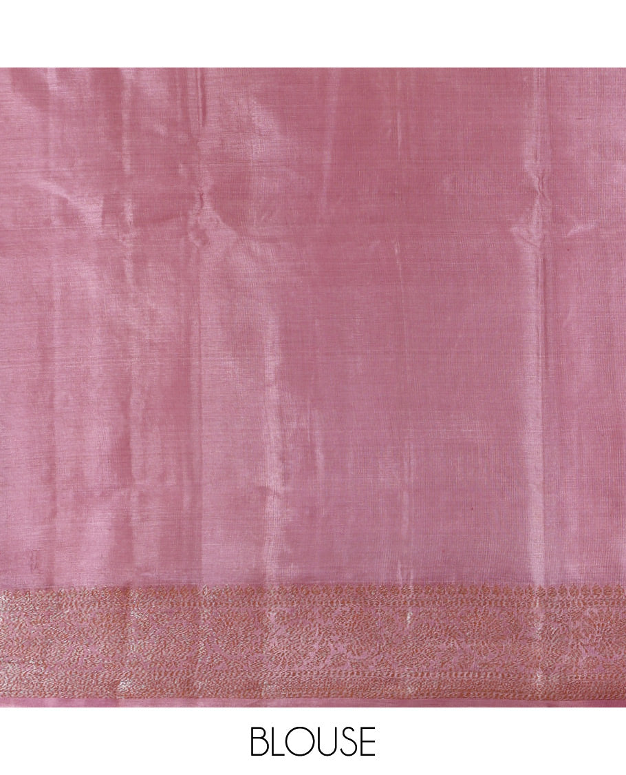 Green Tusser Silk Saree, Sparsely Woven with Zari Buttas, a Contrast Zari Border, Intricate Pallu, and a Contrast Blouse
