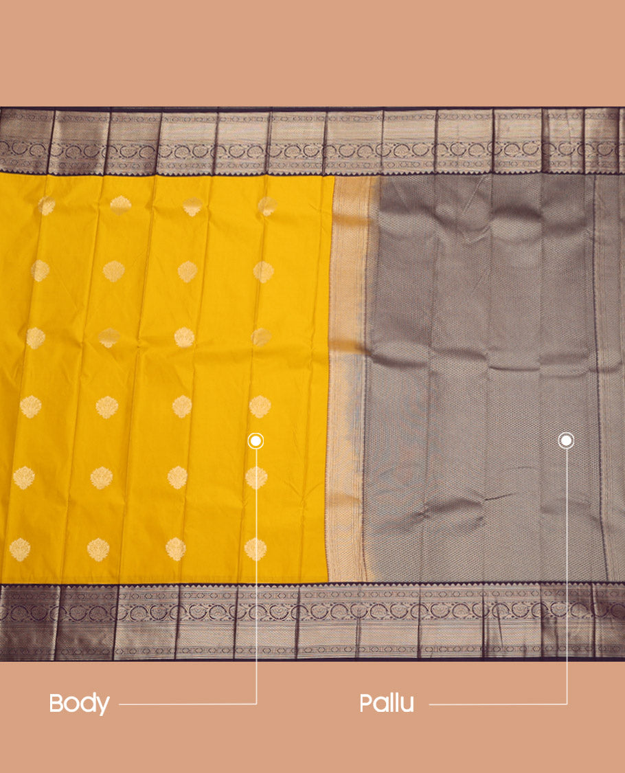 Mustard Budget Silk Saree, Subtly Sparkled with Buttas, Complemented by a Contrast Traditional Border, Grand Pallu, and a Contrast Blouse