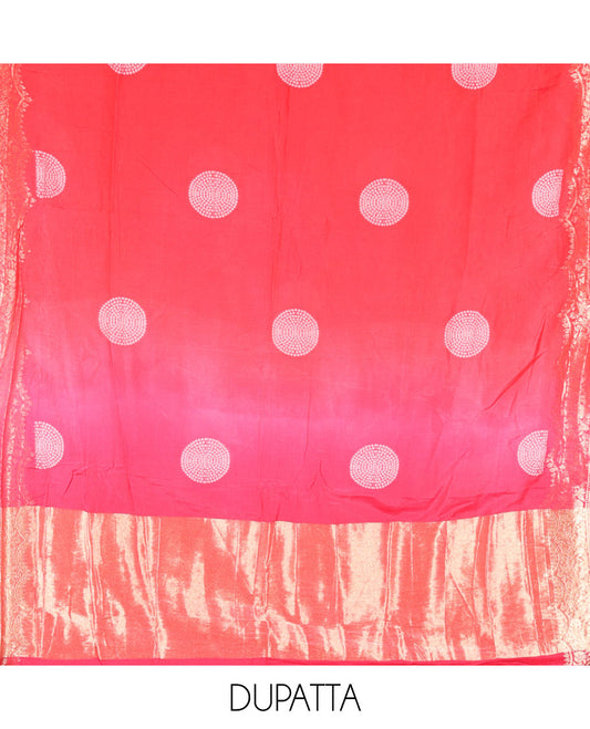Pink Semi Silk Material Churidar Set, Subtly Made Plain Top, a Plain Santoon Bottom, and Is Paired with a Dual-Colored Bandhani Motifs Semi Silk Dupatta