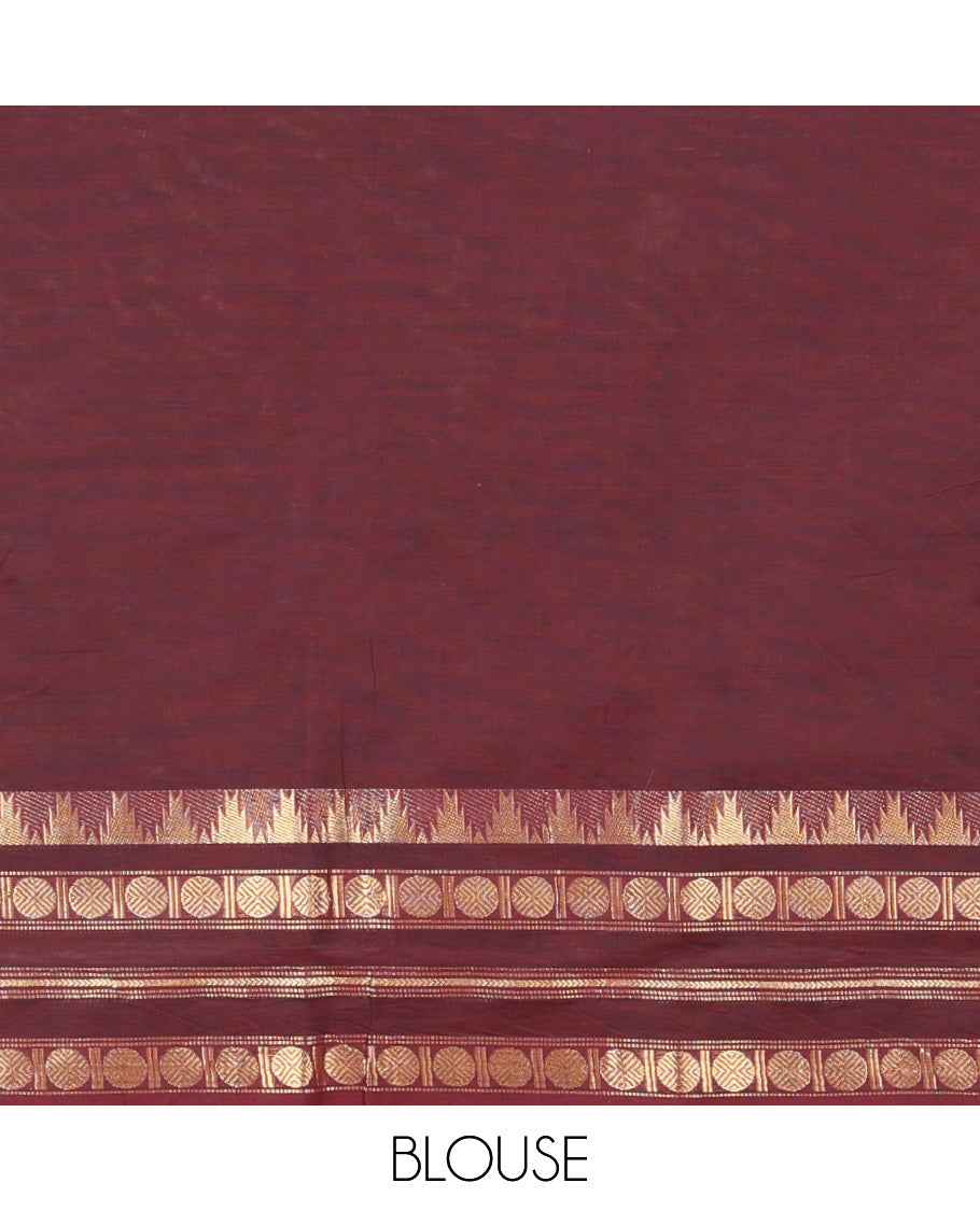 Maroon Plain Chettinad Cotton Saree, Highlighted by Temple Varisai Pettu Traditional Border, Striped Pallu, and a Matching Blouse