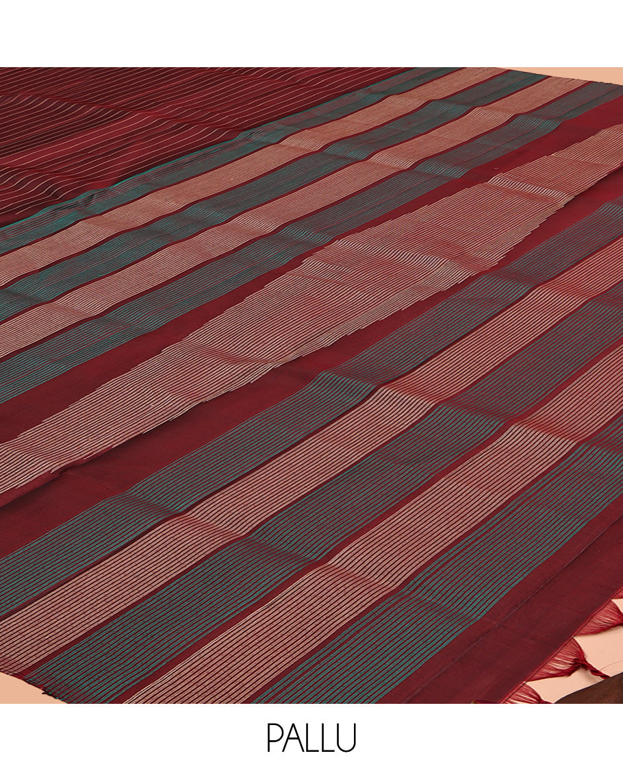Borderless Maroon Mayuri Lite Silk Mix Saree, Elevated with Stripes and Thazampoo Rekku All Over Its Body, Highlighted Pallu of Stripes, and Paired with a Matching Blouse