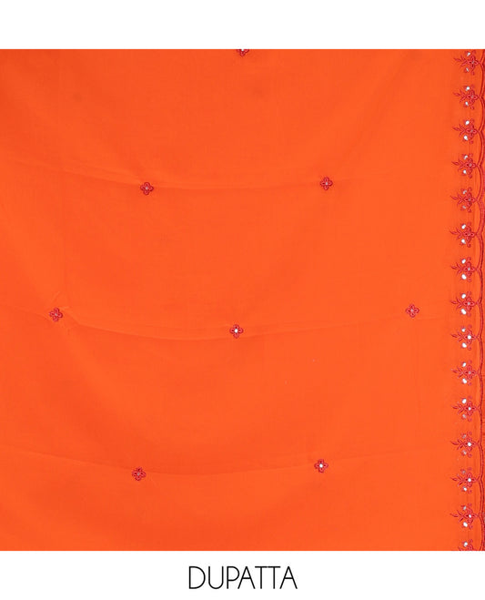 Rust-Red Georgette Material Chudidar Set, Features Thread and Mirror Work Top, a Plain Santoon Bottom, and an Embroidered Georgette Dupatta