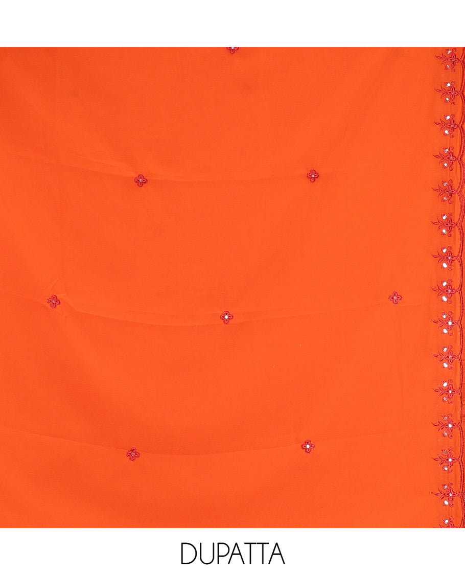 Rust-Red Georgette Material Chudidar Set, Features Thread and Mirror Work Top, a Plain Santoon Bottom, and an Embroidered Georgette Dupatta