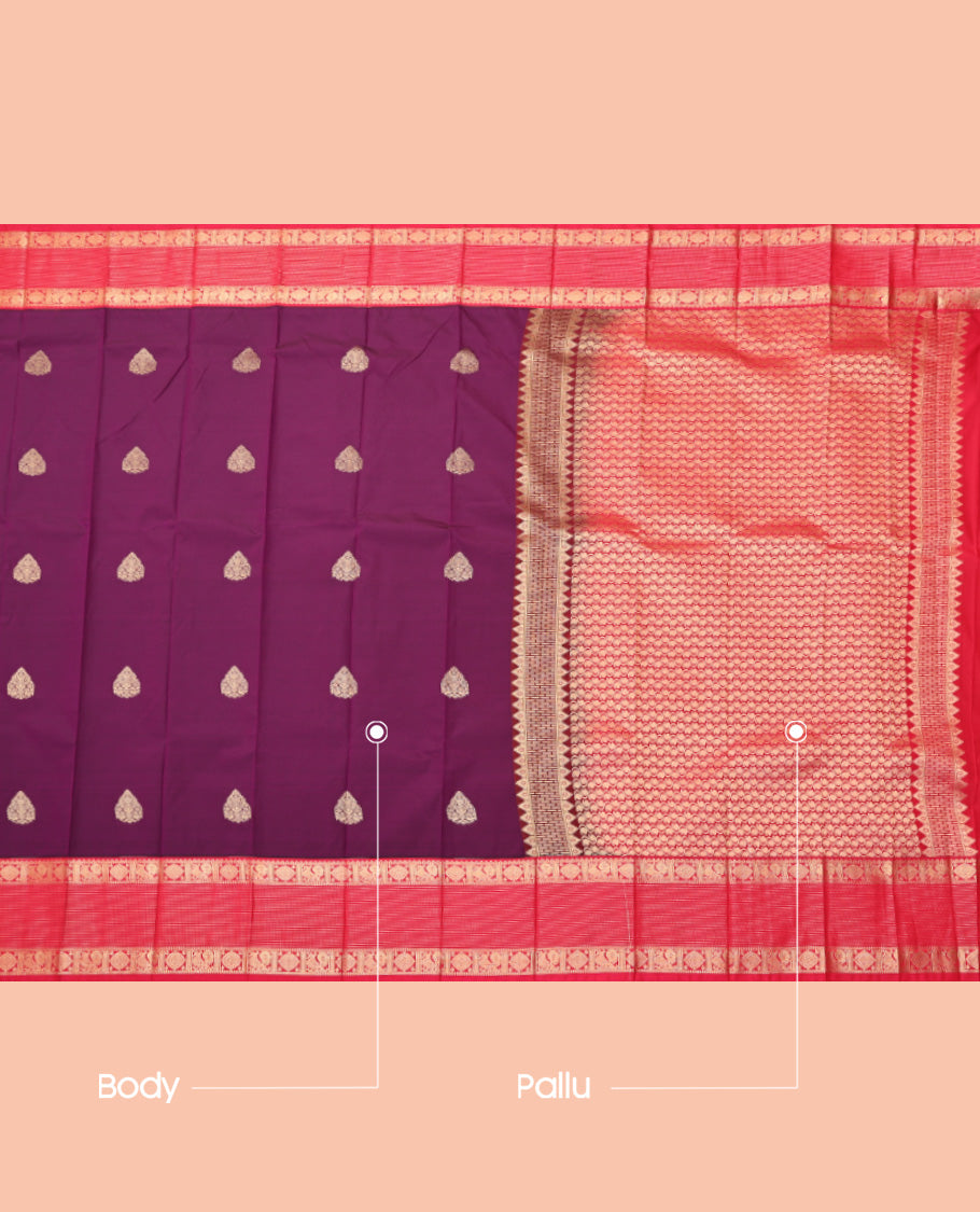 Purple Budget Silk Saree, Elevated with Zari Buttas, Complemented by a Contrast Traditional Zari Border, Paisley Pallu, and a Contrast Blouse