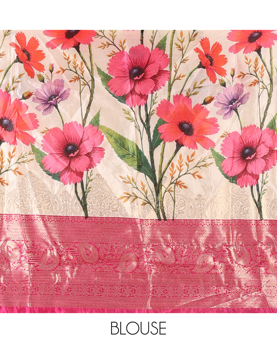 Cream-Rani Pink Semi-Silk Half-Saree, Features Floral Printed Skirt, Traditional Zari Border, a Matching Blouse, and a Floral Printed Semi-Silk Dhavani