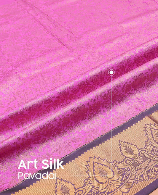 Purple Art Silk Pavadai Material Set, Prettified with Zari Jacquard Designs on Its Skirt, Complemented by a Contrast Traditional Zari Design Border, and Paired with a Contrast Blouse