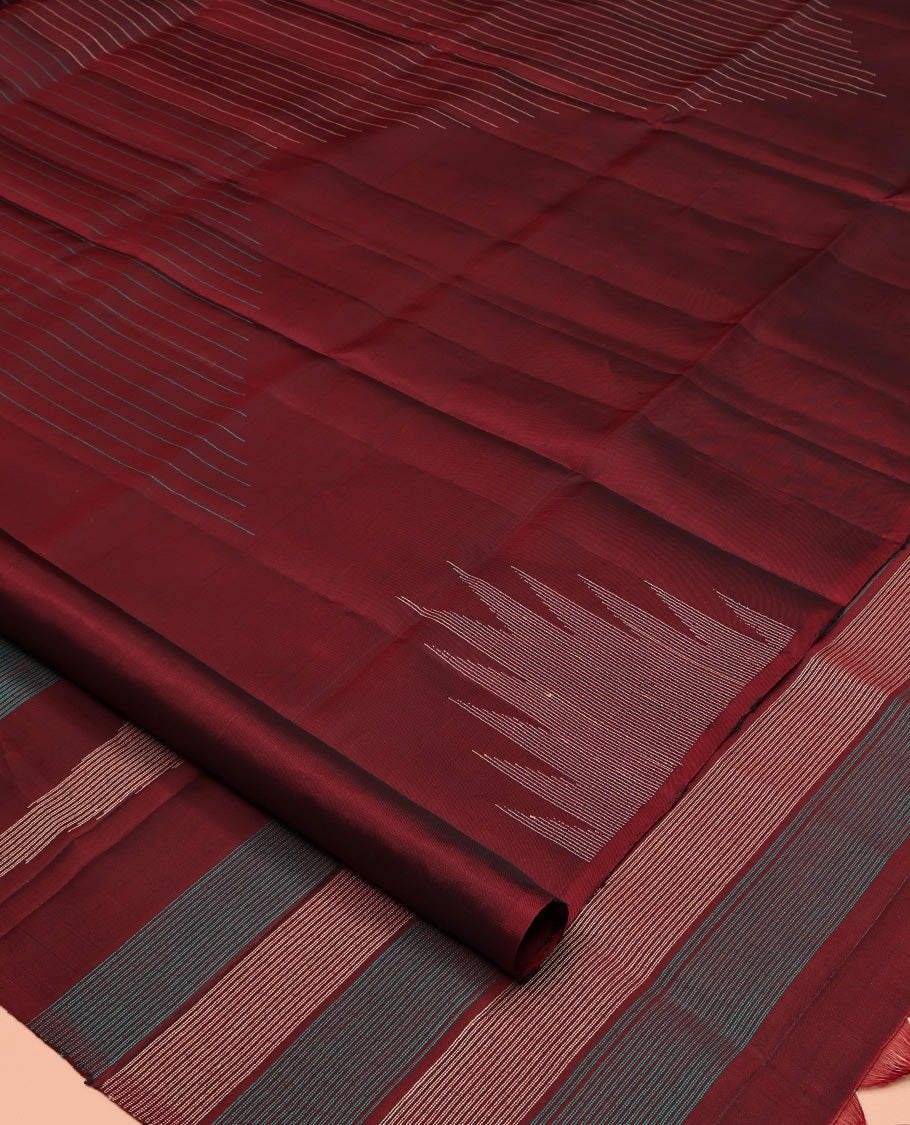 Borderless Maroon Mayuri Lite Silk Mix Saree, Elevated with Stripes and Thazampoo Rekku All Over Its Body, Highlighted Pallu of Stripes, and Paired with a Matching Blouse