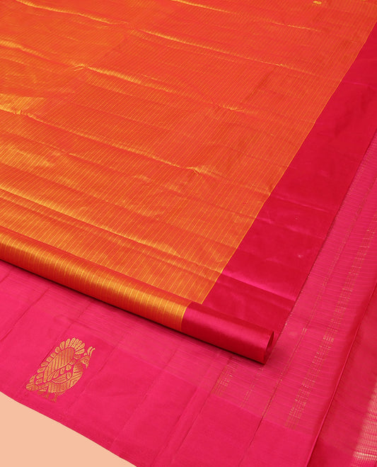 Orange Kanchipuram Silk Saree Prettified with Vazhaipoo Stripes and Zari Buttas, Complemented by Contrast Border Featuring Mayil Motifs, Sparsely Zari Woven Pallu, and Paired with a Contrast Blouse
