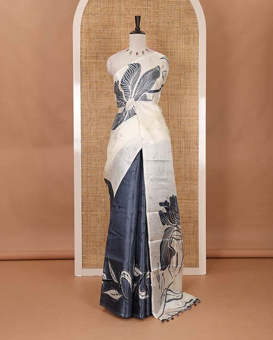 Borderless cream-grey batik-style floral printed khadi cotton saree, printed pallu & printed blouse