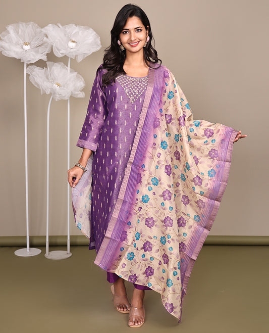 Purple Ready-Made Tissue Suit, Adorned with Embroidered Round Neckline, 3/4 Sleeves, and Straight-Cut Top, Paired with Straight-Cut Pants and a Contrast Floral Vine Printed Dupatta