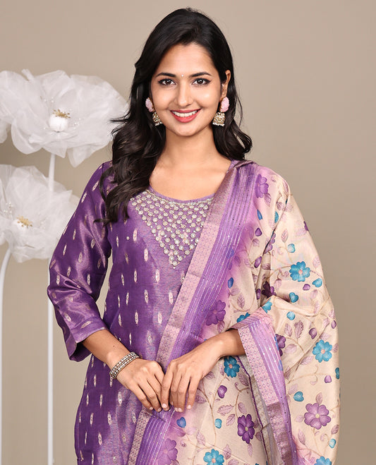 Purple Ready-Made Tissue Suit, Adorned with Embroidered Round Neckline, 3/4 Sleeves, and Straight-Cut Top, Paired with Straight-Cut Pants and a Contrast Floral Vine Printed Dupatta