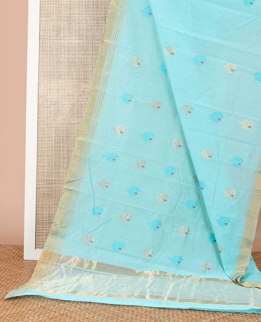 Sky blue floral design chanderi cotton saree with self zari border & striped pallu