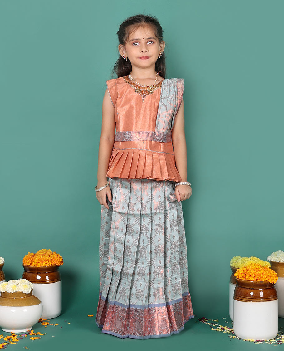 Grey readymade art silk pavadai set, jacquard with contrast traditional zari border skirt, and contrast jacquard embroidered sleeveless blouse with detachable dupatta