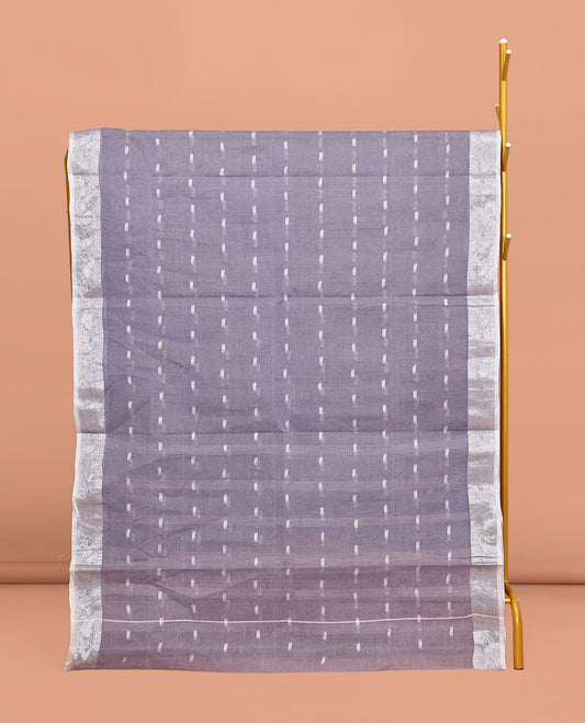 Grey Bengal Cotton Saree, Finely Crafted with Buttas All Over Its Body, Complemented by a Contrast Paisley Zari Design Border, Pallu of Stripes, and Paired with a Matching Blouse