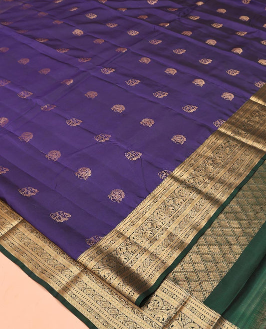 Blue Vasundhara Lite Silk Mix Saree, Ornamented With Mayil and Elephant Buttas All Over Its Body, Complemented by Contrast Border of Mayil, Yaanai, and Manga Designs, Grand Jaal Pallu and Paired with a Contrast Blouse