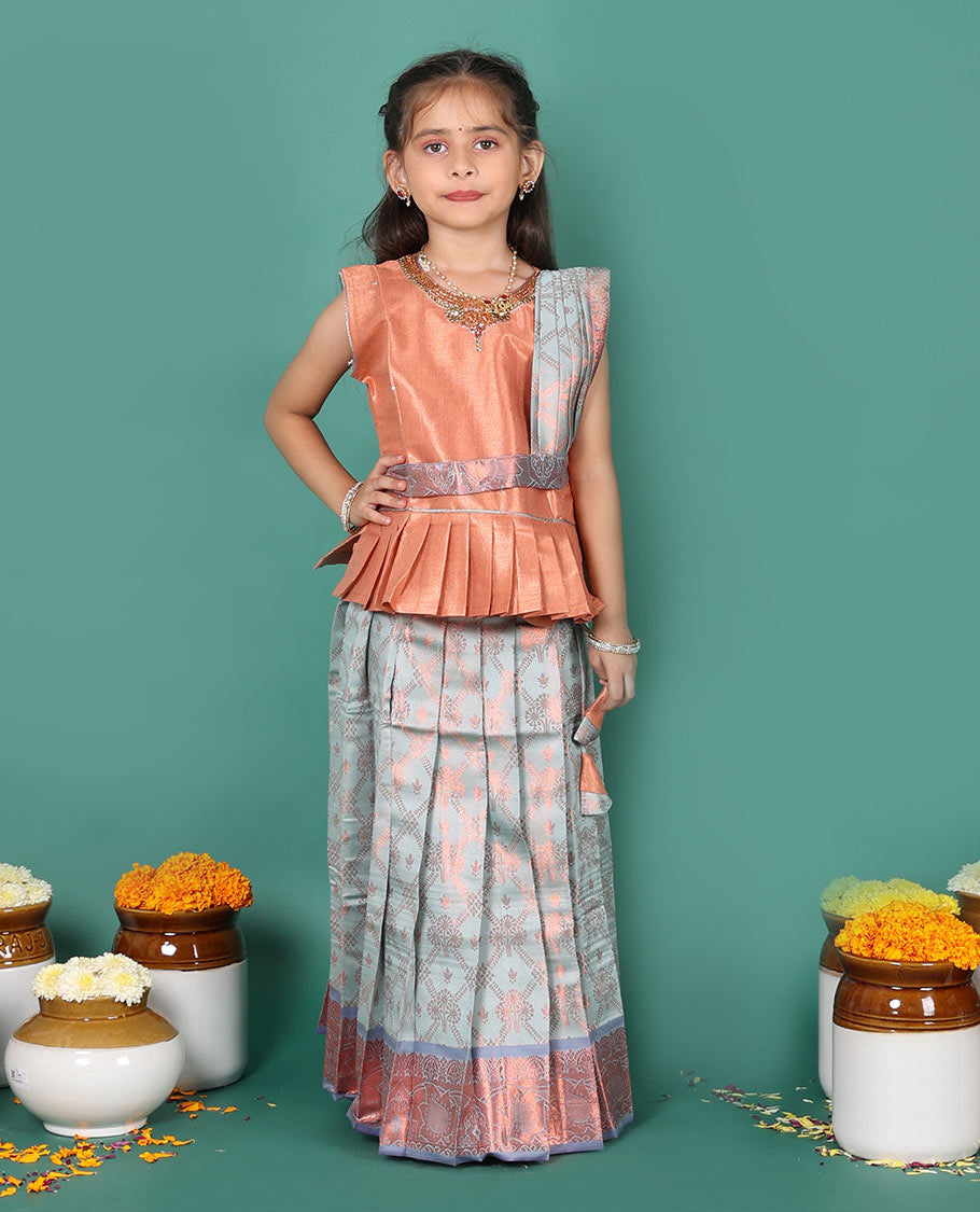 Grey readymade art silk pavadai set, jacquard with contrast traditional zari border skirt, and contrast jacquard embroidered sleeveless blouse with detachable dupatta