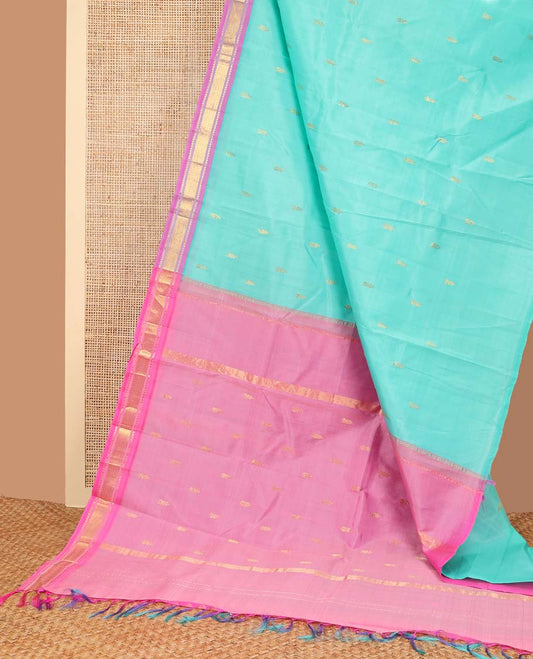 Light blue  floral buttas kancheepuram silk saree with contrast border of rekku, kayil kann design & floral design pallu