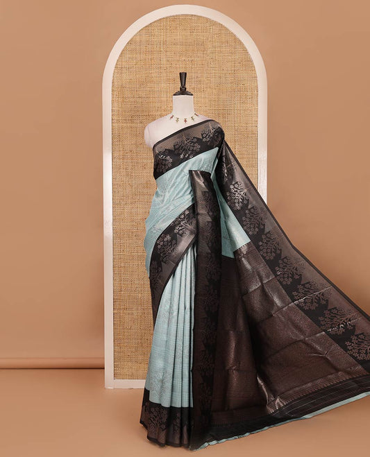 Pastel blue zari checked & floral buttas kanchi silk saree,contrast satin border of floral zari motifs,intrictae pallu & contrast plain blouse