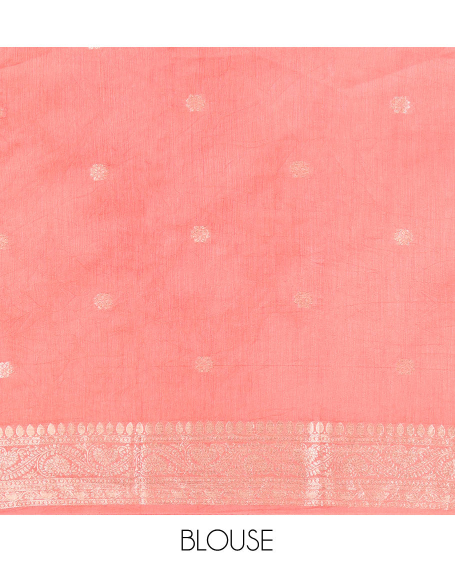 Red Assam Silk Saree, Decorated with Zari Buttas, Complemented by a Contrast Zari Traditional Border, Zari-Striped Pallu, and a Contrast Blouse