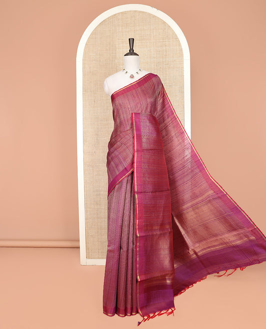 Magenta Dupion Silk Saree Beautified with Geometric Patterns All Over Its Body, Subtly Self-Border, Pallu of Temple Designs, and Paired with a Matching Blouse