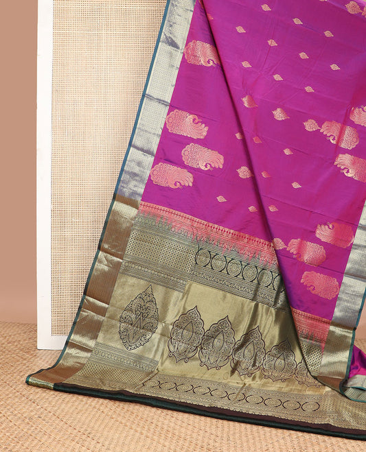 Dark pink floral motifs gift saree with contrast intricate zari design border & floral design pallu