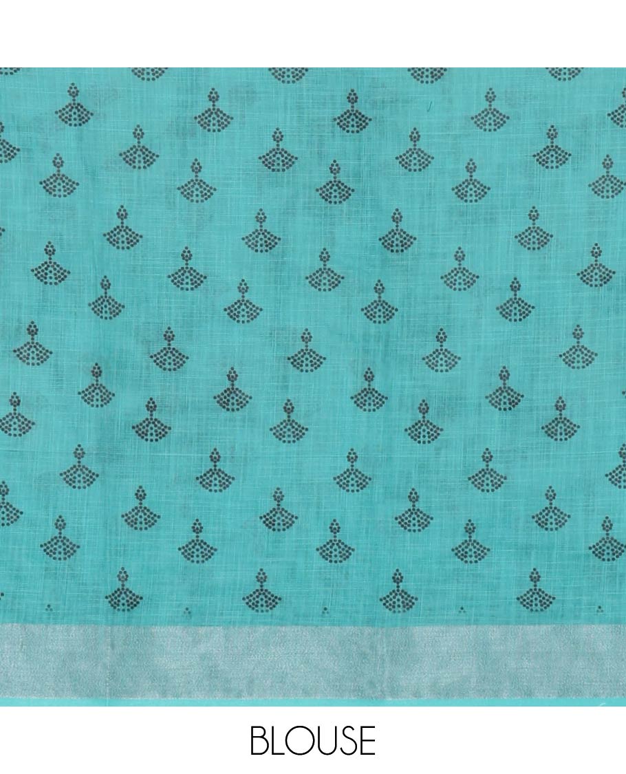 White and Rama Linen Cotton Saree, Bedecked with Silhouette-Style Floral Motifs Printed on Its Body, Complemented by Contrast Bavanji Border, Pallu of Silhouette-Style Floral Print, and Comes with a Matching Blouse