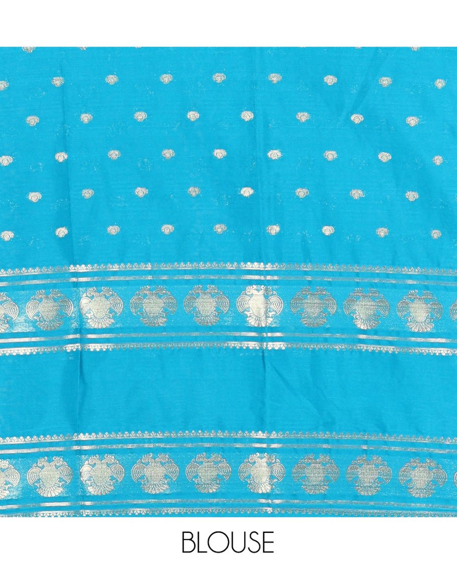 Navy Blue Art Mysore Silk Saree, Elevated with Zari Buttas All Over Its Body, Complemented by a Contrast Rettai Pettu Border of Two-Headed Eagle Designs, Pallu Steeped with Buttas and Stripes, and Paired with a Contrast Blouse
