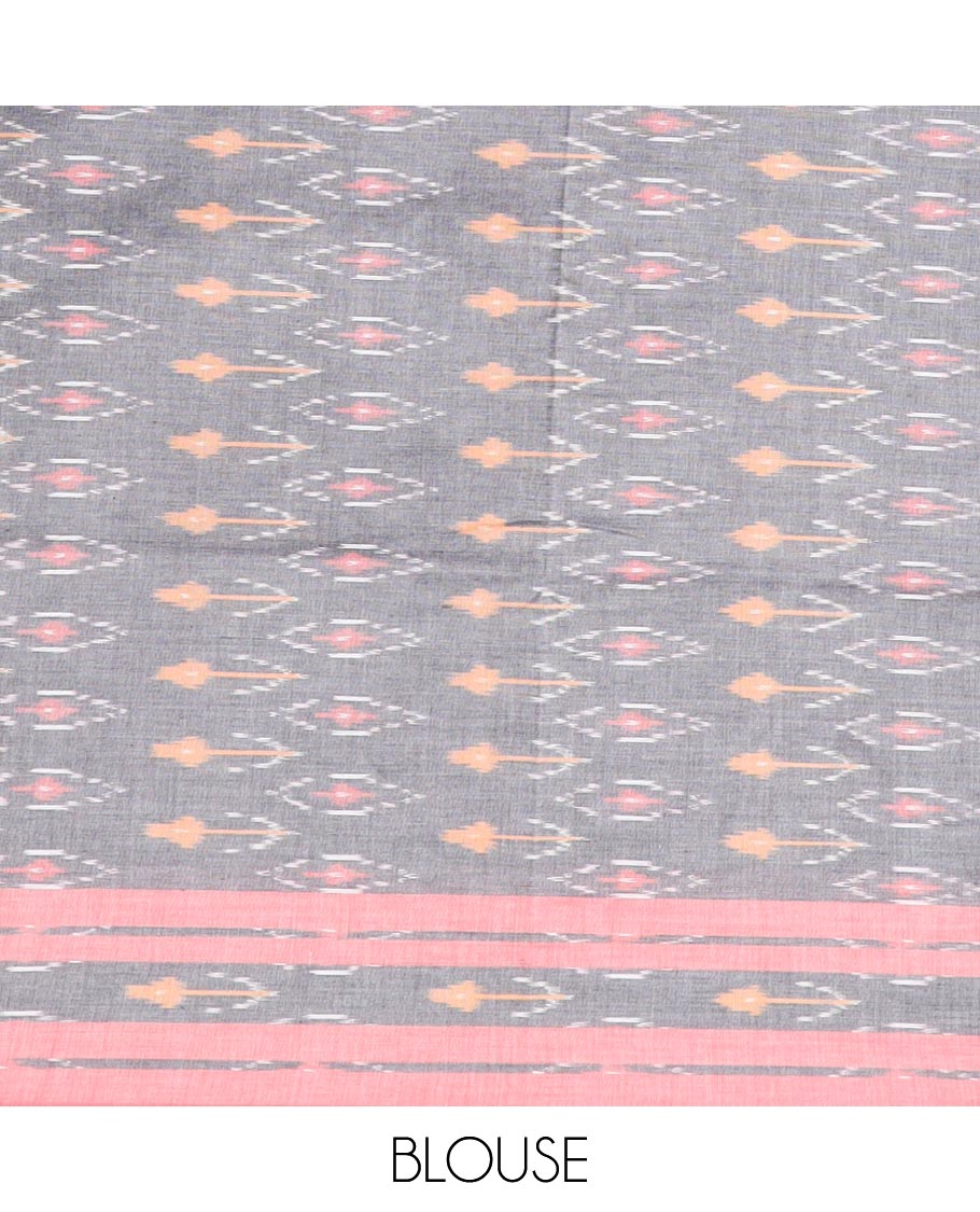 Grey ikkat cotton saree with intricate butta , contrast striped border & gemonetric design pallu
