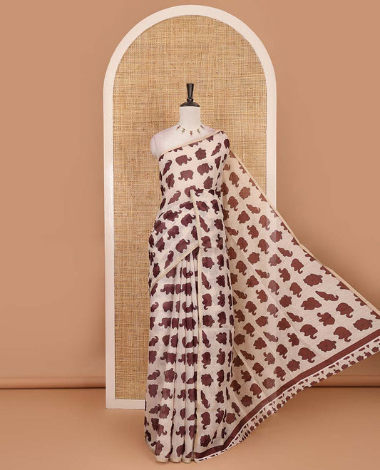 Borderless cream-brown elephant motifs printed linen cotton saree, matching elephant motifs printed blouse