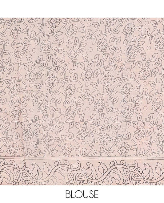 Multi-colored floral vine design machine-printed kalamkari cotton saree with self floral border & geometric , animal design pallu