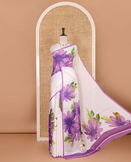Cream base digital printed satin crepe saree with big lavender floral motifs all over the saree, plain lavender border & blouse
