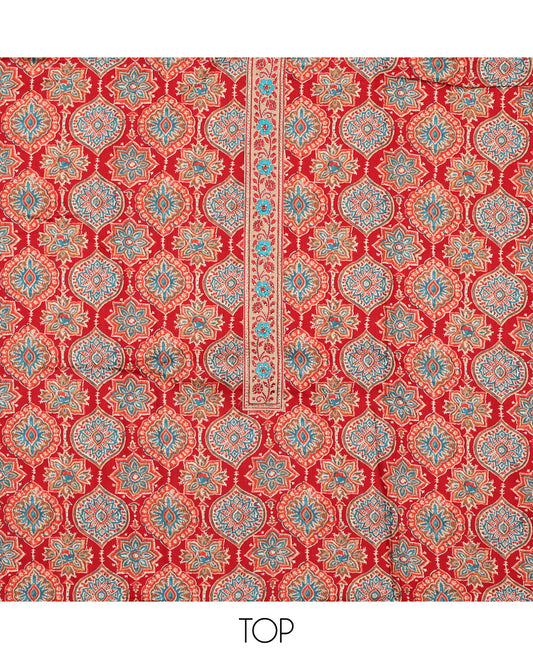 Red chudidhar material set floral design with thread embroidery, plain bottom & plain, floral design border dupatta