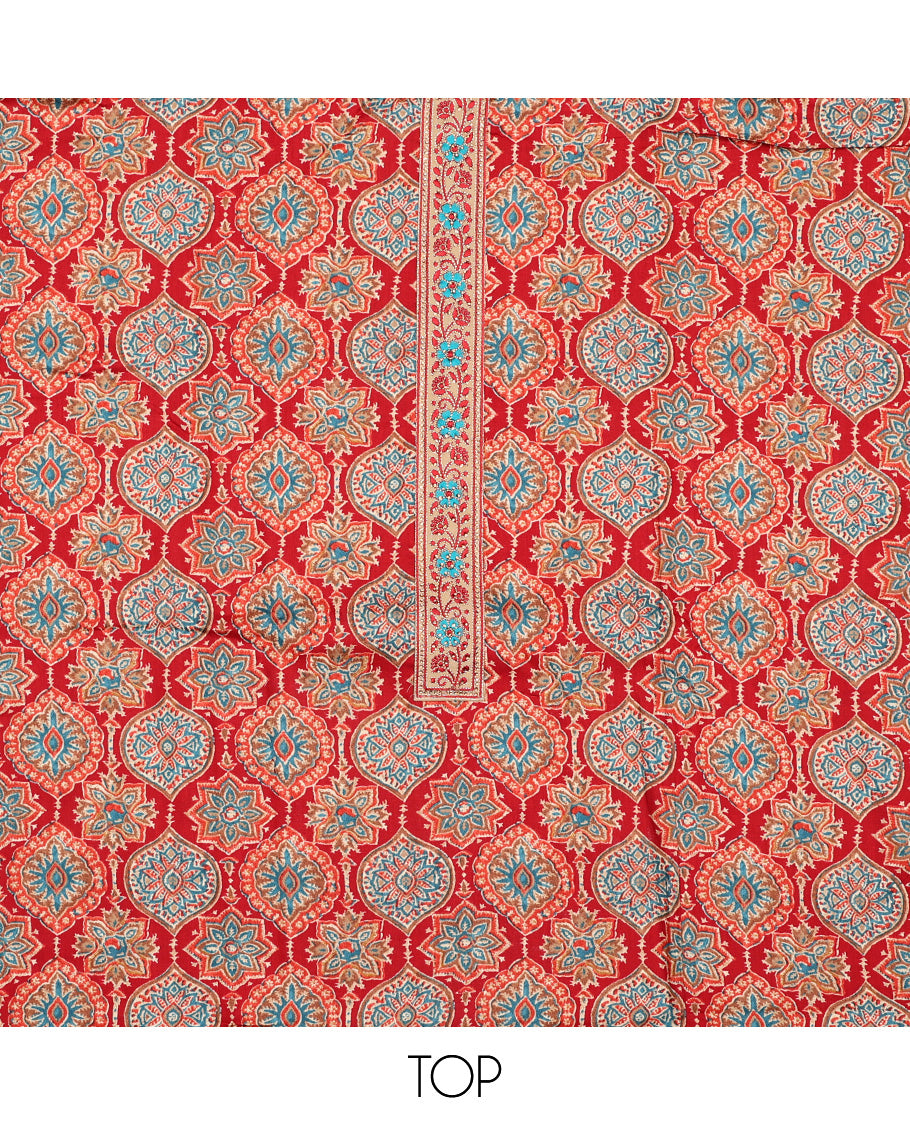Red chudidhar material set floral design with thread embroidery, plain bottom & plain, floral design border dupatta