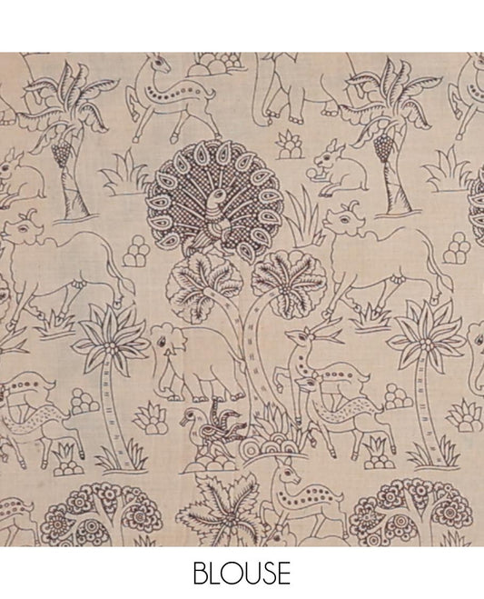 Green forest theme design machine-printed kalamkari cotton saree with contrast floral design border & peacock , floral design pallu