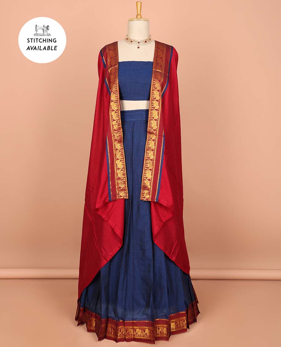 Blue cotton half saree with contrast zari border, plain blouse & plain with zari border dhavani