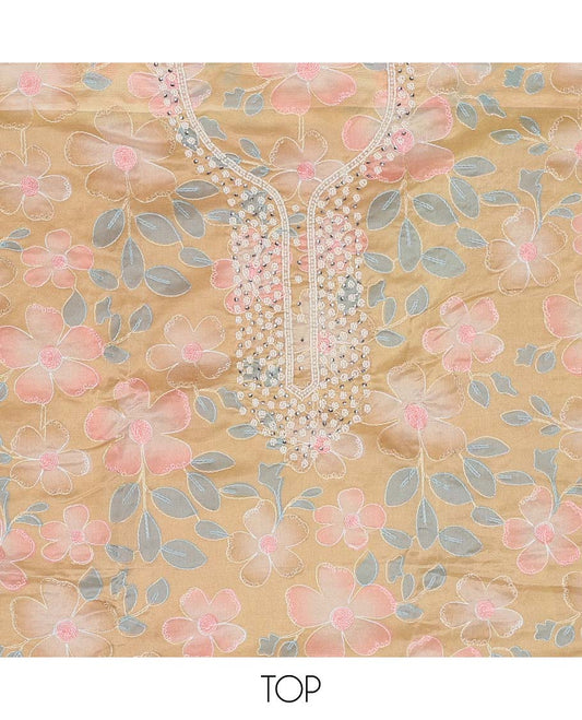 Green floral printed chudidhar material set floral bead embroidered top, plain bottom & sequins embroidered dupatta