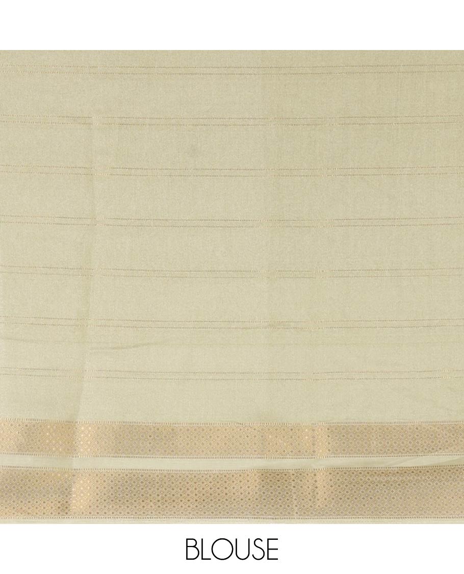 Green Milan Moss Chiffon Saree, Accentuated with Stripes on Its Body, Complemented by a Contrast Geometric-Patterned Zari Border, Pallu of Stripes and Temple Designs, and Paired with a Contrast Blouse