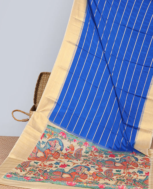 Blue striped mysore silk saree with contrast zari design border & animal,human,floral motifs print pallu