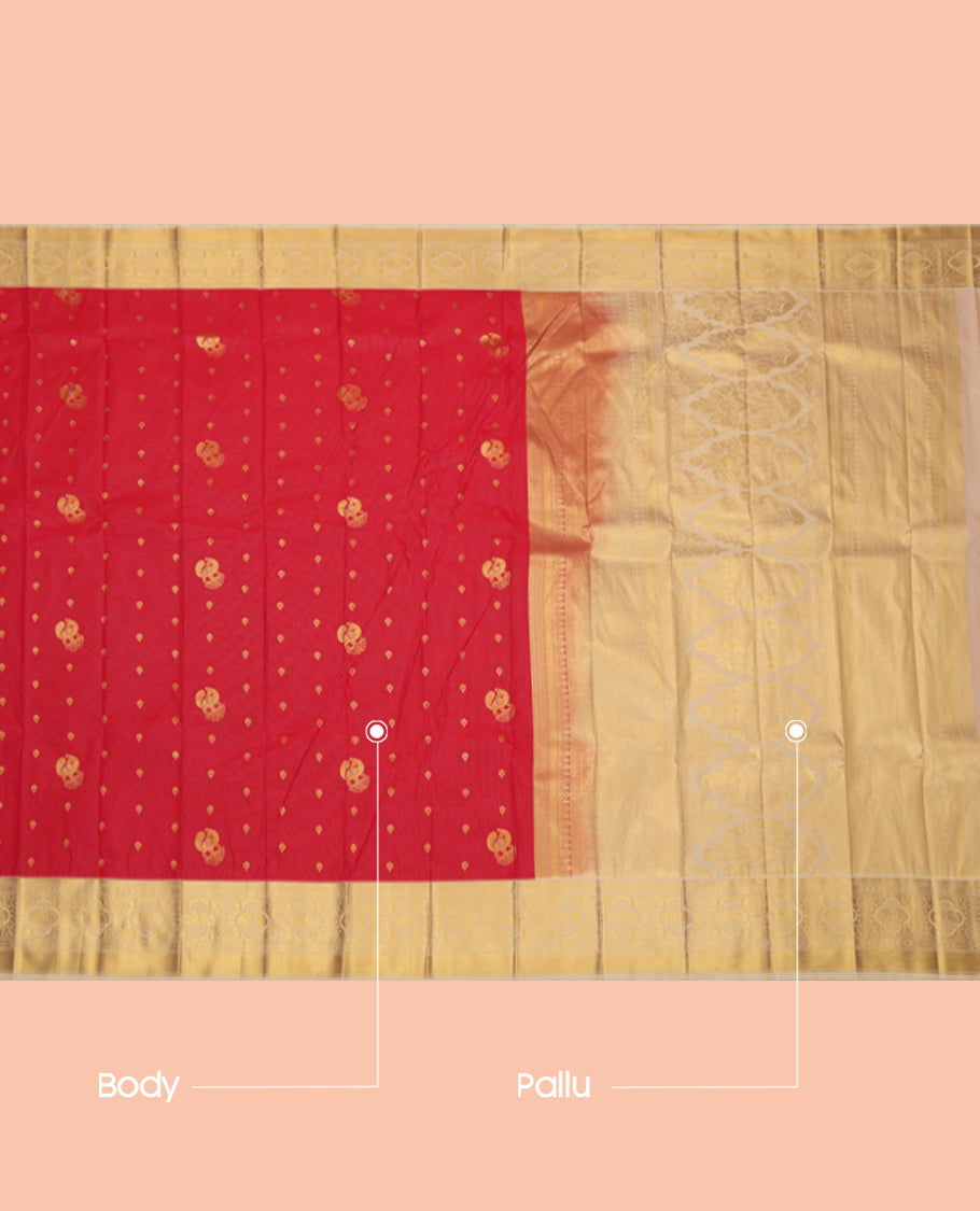 Red Budget Silk Saree, Woven with Stripes and Peacock Buttas, a Contrast Traditional Elephant Zari Border, a Grand Pallu and a Contrast Blouse