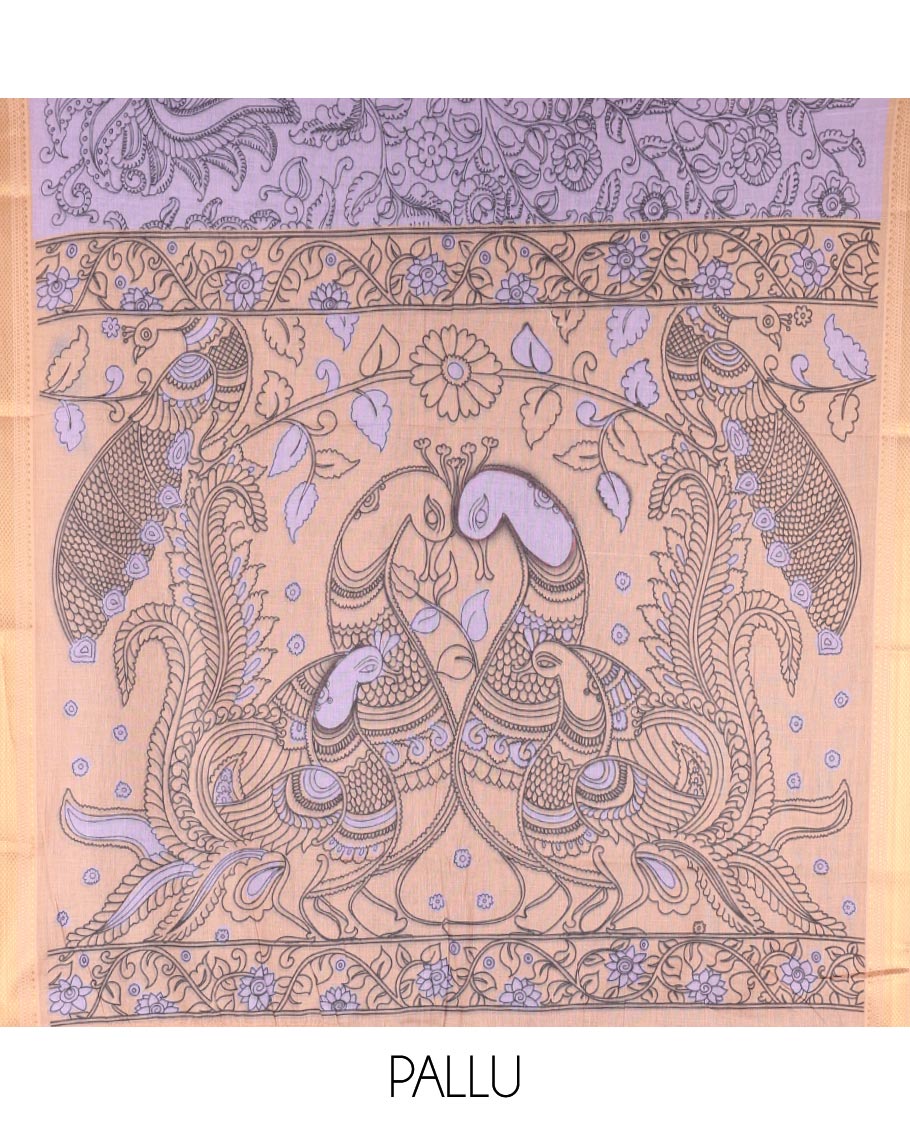 Lavender Mangalagiri Cotton Saree Features Kalamkari Flora-Fauna-Humans, a Contrast Border, and Printed Blouse