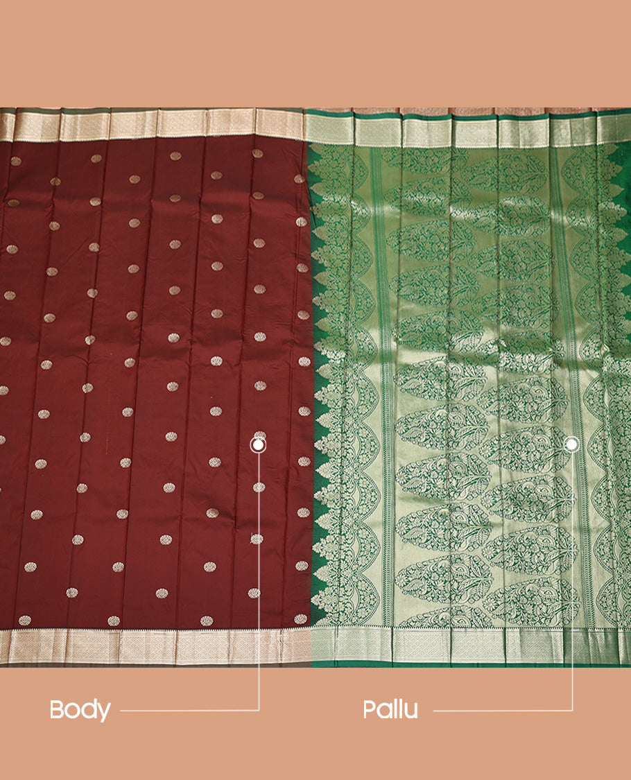 Brown Budget Silk Saree, Opulently Embellished with Zari Buttas, Complemented by a Contrast Traditional Zari Design Border, Grand Floral Design Pallu, and Paired with a Contrast Blouse