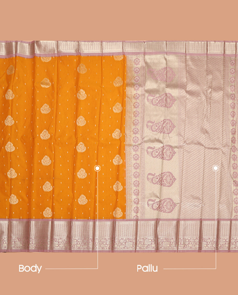 Orange Budget Silk Saree, Highlighted with Zari Buttas on Its Body, Complemented by a Contrast Traditional Zari Border, Diagonally Striped Pallu, and Paired with a Contrast Blouse
