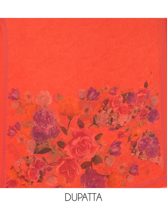 Red material chudidar set, realistic floral-printed Italian crepe top, a plain bottom, and a floral-printed georgette dupatta