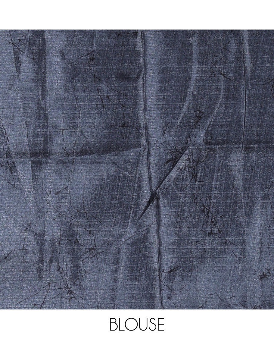 Borderless cream-grey batik-style floral printed khadi cotton saree, printed pallu & printed blouse